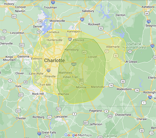 A map of our Charlotte, NC, landscaping and lawn care service areas.